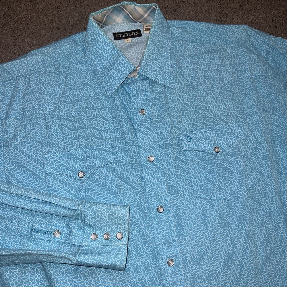Stetson Shirt Men Large Light Blue Geometric Pearl Snap Western Rodeo